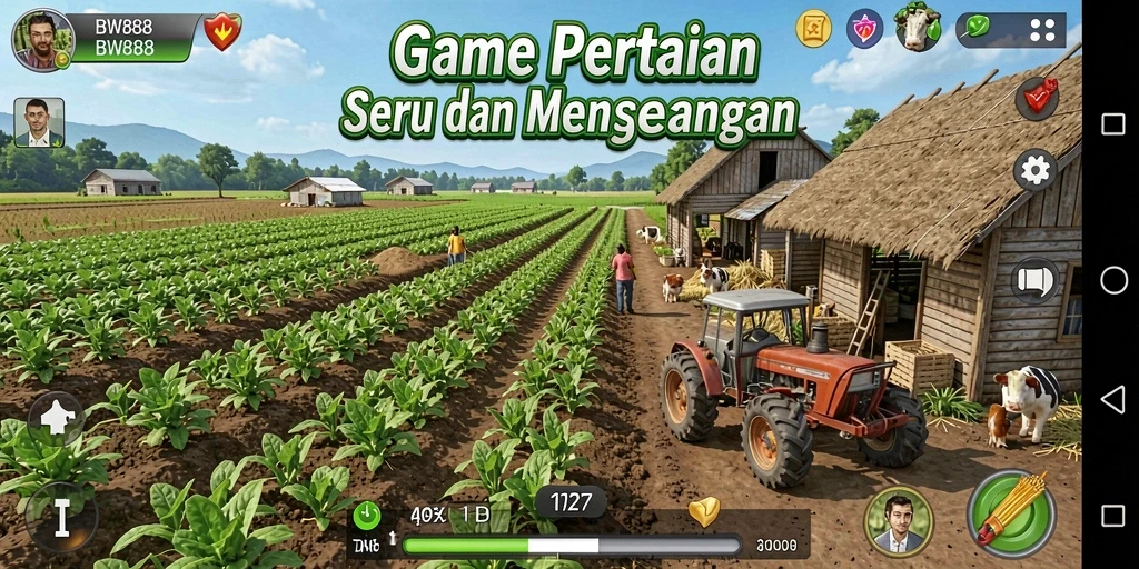 Screenshot gameplay BW888 dengan ladang pertanian yang subur dan berwarna-warni.