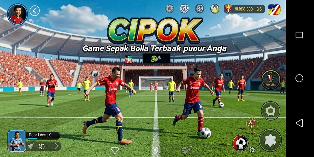 Tampilan gameplay mendebarkan di lapangan sepak bola dengan pemain beraksi.