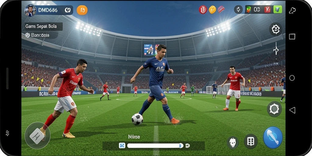 Tangkapan layar gameplay DMD686 menampilkan aksi seru pertandingan sepak bola.