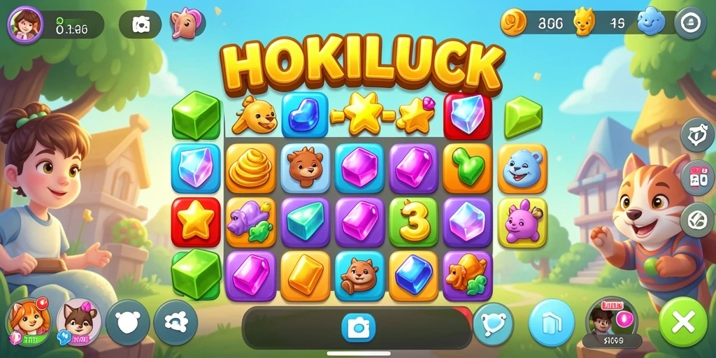 Screenshot HOKILUCK menampilkan gameplay Match-3 yang mengasyikkan dan penuh warna.