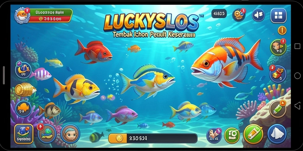 Tampilan gameplay LUCKYSLOTS dengan aksi menembak ikan yang seru.