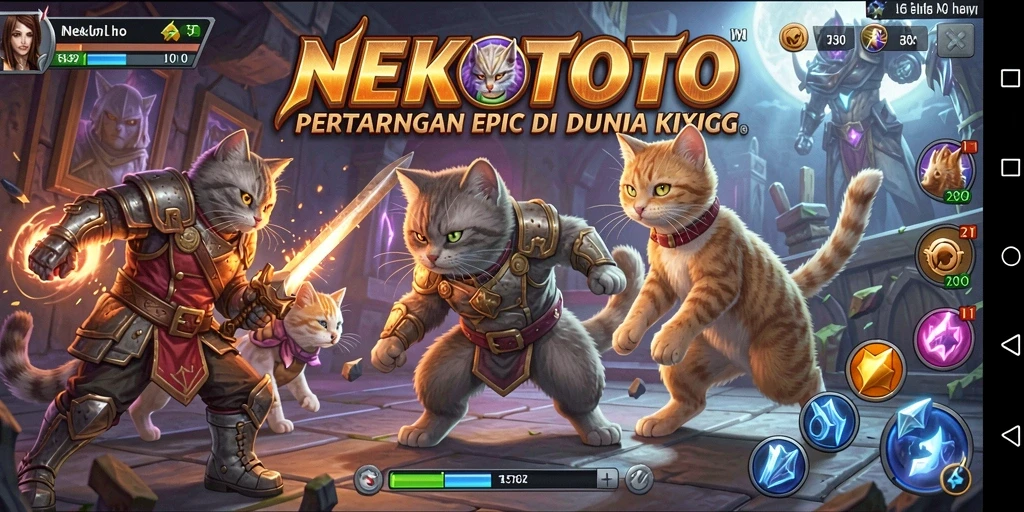 Tampilan gameplay NEKOTOTO dengan pertarungan kucing yang epik.