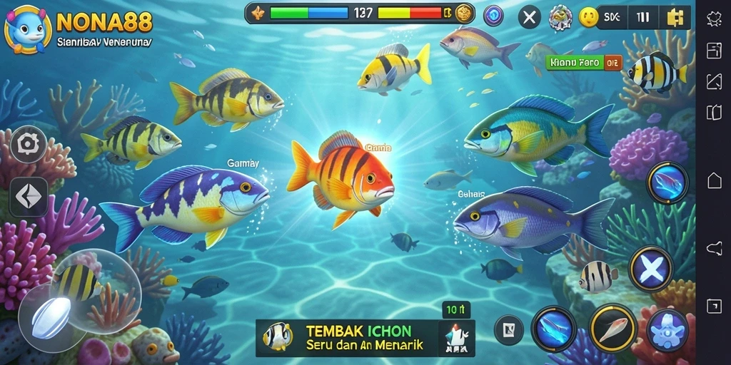Screenshot gameplay NONA88 yang menampilkan aksi tembak ikan yang seru.