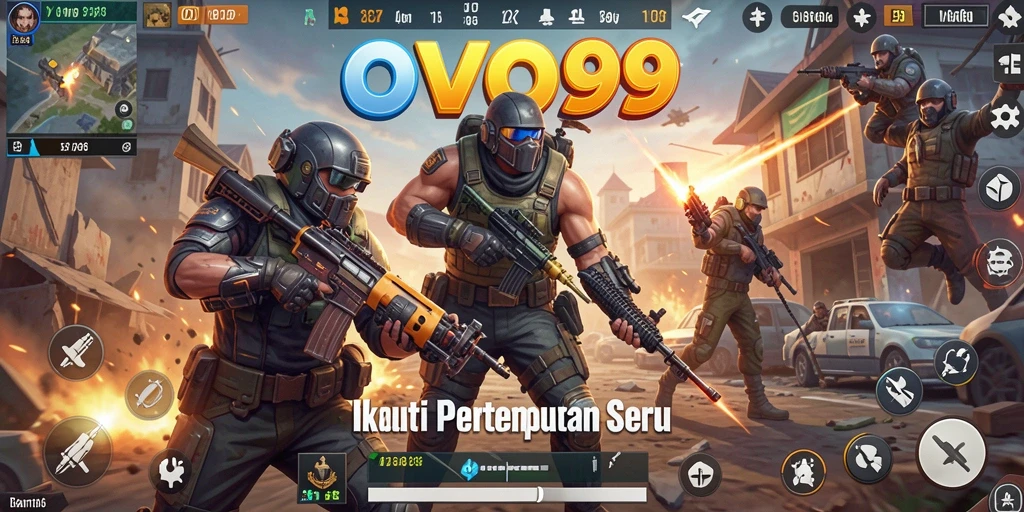 Screenshot OVO99 menampilkan pertempuran seru dalam suasana Battle Royale.